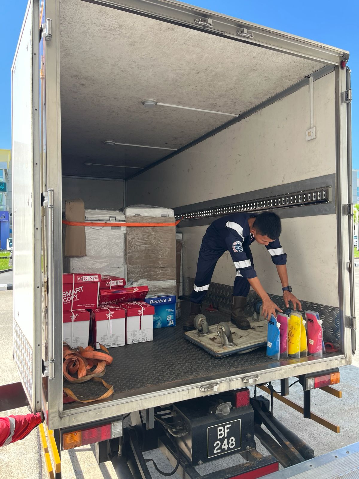 BSS delivery truck loaded with printers and supplies